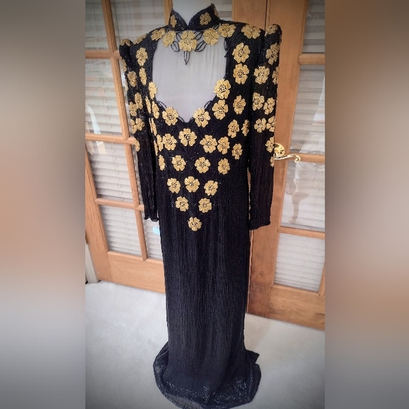 Brand New Hand Beaded Gown, Black and Gold, by Fleur de Paris, New Orleans - Picture 3 of 16